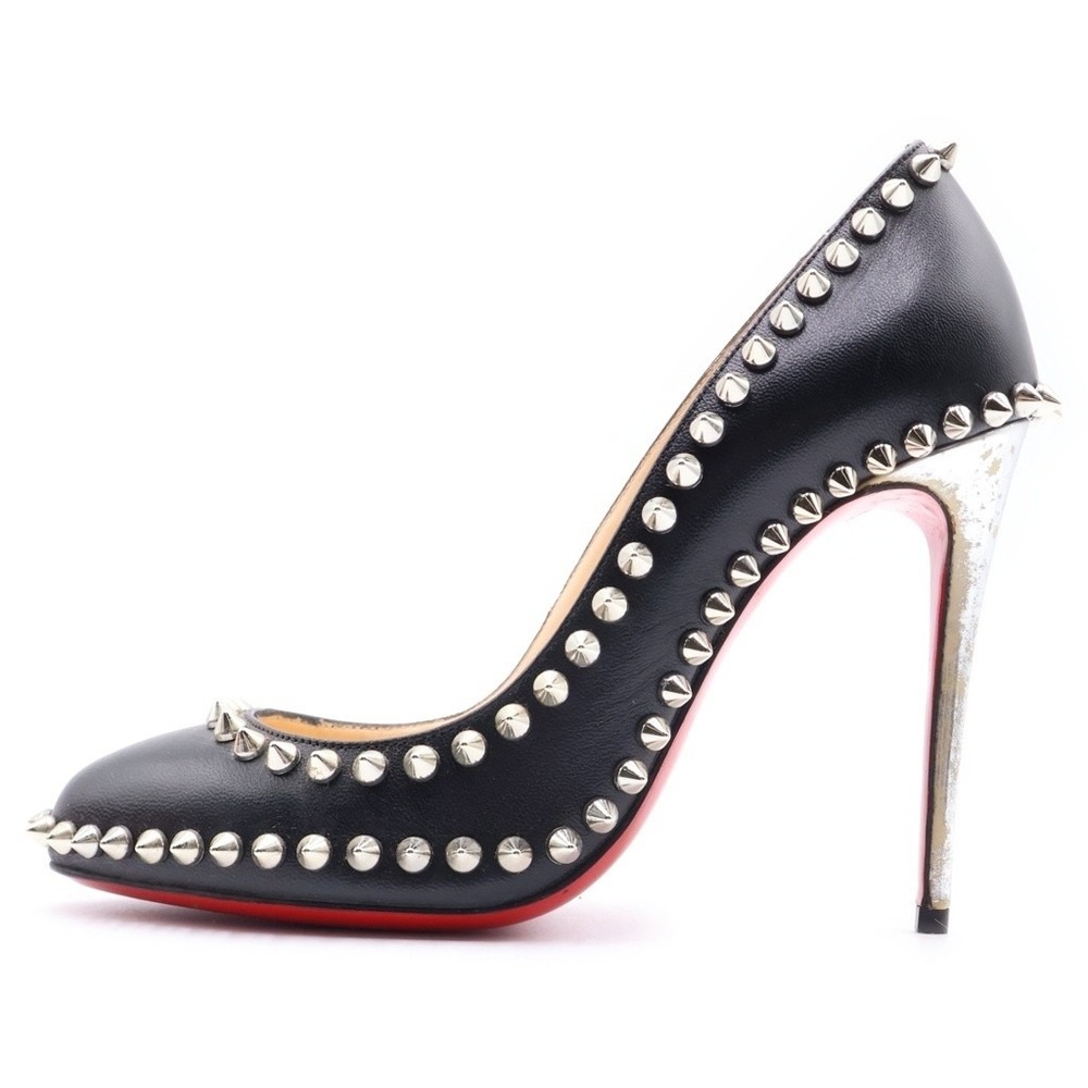 Christian Louboutin Follies Spikes 100 Black Leather Silver Studded Pumps 38.5